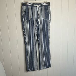 C est 1946 Womens Size Medium Linen Blend Pants Blue White Stripe Tie Waist